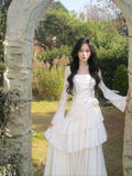 Modest Mermaid Square Neck Ivory Satin Long Sleeves Prom Dresses Wedding Guest Dress 16th Birthday Outfits HZ0311