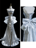 Glitter Mermaid Strapless Sequin Silver Long Prom Dresses For Teens Formal Dress Birthday Outfits Prom Gown HZ0311
