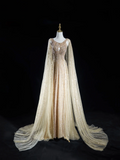 Vintage A Line Scoop Neck Sequin Champagne Tulle Long Prom Dresses For Teens Formal Dress Floor Length Prom Gown HZ0311