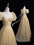 Princess A Line Square Neck Gold Tulle Flowers Long Prom Dresses Impress 20th Birthday Outfits Prom Gown HZ0311