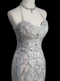 Vintage Mermaid Halter Sleeveless Sequin Beaded Tulle Fitted Beaded Long Wedding Dress Bride Gown Wedding Dresses HZ0311