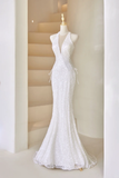 Sexy Mermaid Deep V Neck White Sequin Long Prom Dresses Impress 19th Birthday Outfits Prom Gown HZ0311