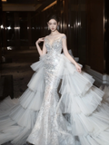 Princess Mermaid Off The Shoulder Short Sleeves Silver Sequin Fitted Long Wedding Dress Bridal Gown Wedding Dresses HZ0311