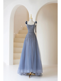 Modest A Line Spaghetti Straps Dusty Blue Tulle Long Prom Dresses Inspiration Formal Gown HZ0311