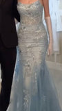 Cheap Mermaid Spaghetti Straps Light Sky Blue Lace Long Floor Length Prom Dress Inspiration Prom Dresses HZ0311