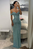 Blue Sequins Party Dress Off the Shoulder Sleeveless Prom Dress Evening Dress HZ0311