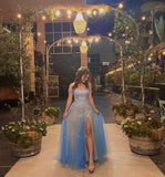 Charming A Line Spaghetti Straps Light Sky Blue Tulle Prom Dresses Inspiration Slit Side Formal Dress Party Outfits Prom Gown Ideas HZ0311
