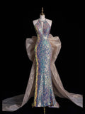 Sparkly Mermaid Scoop Neck Sequin Sleeveless Long Prom Dresses Formal Gowns Evening Dress HZ0311