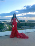 Glitter Mermaid Spaghetti Straps Red Beads 2026 Sequined For Women Party Dresses Long Formal Prom Dress 22th Birthday Gown HZ0311