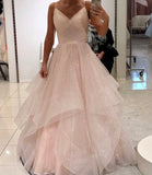Unique Ball Gown Spaghetti Strap Blush Pink Tulle Prom Dresses Long Party Dress 22th Birthday Outfits Graduation Dress HZ0311