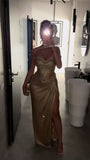 Chic Mermaid Off The Shoulder Sequin Champagne Slit With Short Sleeves Long Party Formal Women Prom Dresses HZ0311