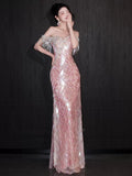 Glittery Mermaid Off The Shoulder Pink Sequins Short Sleeves Prom Dresses Inspiration Long Night Outfits Birthday Outfit HZ0311