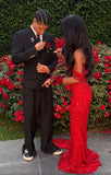 Gorgeous Mermaid Off The Shoulder Red Sequins Beaded Bodice Prom Dresses Long Formal Party Gown HZ0311