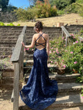 3D Floral Embroidered Strappy Back Trumpet Dress Prom Dresses Backless With Sweep Train HZ0311