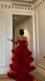 Red Ruffled Tiered Tulle Maxi Ball Gown Sweetheart Spaghetti Straps Ruffled A-Line Arabian Evening Gown HZ0311