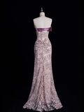 Cute Ball Gown Strapless Pink Lace Long Prom Dress Evening Outfits Semi Formal Dress HZ0311