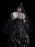 Modest Ball Gown Sweetheart Black Tulle Lace Long Prom Dresses For High School People Girls Formal Bridesmaid Dress HZ0311