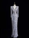Charming Mermaid V Neck Silver Gray With Ruch Sequins Long Prom Dresses Evening Outfits Formal Dress HZ0311
