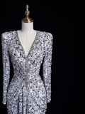 Charming Mermaid V Neck Silver Gray With Ruch Sequins Long Prom Dresses Evening Outfits Formal Dress HZ0311