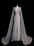 Charming Mermaid V Neck Silver Grey With Cape Sequins Long Prom Dresses Evening Outfits Formal Dress HZ0311
