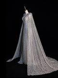 Charming Mermaid V Neck Silver Grey With Cape Sequins Long Prom Dresses Evening Outfits Formal Dress HZ0311