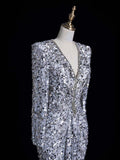 Charming Mermaid V Neck Silver Gray With Ruch Sequins Long Prom Dresses Evening Outfits Formal Dress HZ0311