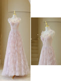 Stylish A line Straps Pink Tulle Lace Long Prom Dresses Inspiration Evening Gowns Formal Party Prom Dress HZ0311