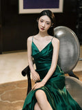 Modest Mermaid Spaghetti Strap Dark Emerald Green With Backless Satin Long Prom Dresses Inspo Prom Gowns HZ0311