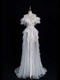 Classic A Line V Neckline Wedding Dresses Lace White With Sleeves Vintage Brides Dress Summer Bridal Gowns HZ0311