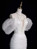 Classic Sheath Wedding Dresses Off The Shoulder Short White With Short Sleeves Brides Dress Summer Bridal Gowns HZ0311