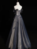 Elegant A line Sweetheart Navy Blue Tulle Pleated Long Prom Dresses Evening Outfits Formal Dress HZ0311