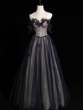 Elegant A line Sweetheart Navy Blue Tulle Pleated Long Prom Dresses Evening Outfits Formal Dress HZ0311