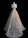 Modest A line Off The Shoulder Champagne Appliqued Tulle Long Prom Dresses Night Formal Dresses HZ0311