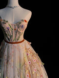 Modest A line Sweetheart Floral Tulle Long Prom Dresses Night Formal Dresses HZ0311