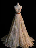 Modest A line Sweetheart Floral Tulle Long Prom Dresses Night Formal Dresses HZ0311