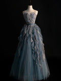 Modest A line Sweetheart Blue Grey Tulle With Ruffle Bodice Long Prom Dresses Night Formal Dresses HZ0311