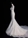 Civil Wedding Dresses Mermaid Scoop Neck White Sequin With Beaded Bodice Short Sleeves Brides Dress Fitted Bridal Gowns HZ0311
