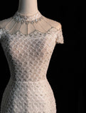 Civil Wedding Dresses Mermaid High Neck White Sequin With Beaded Bodice Sleeves Brides Dress Fitted Bridal Gowns HZ0311