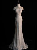 Civil Wedding Dresses Mermaid High Neck White Sequin With Beaded Bodice Sleeves Brides Dress Fitted Bridal Gowns HZ0311