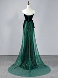 Glitter Mermaid Strapless Dark Green Sequin Pleated Long Prom Dresses Formal Gowns HZ0311