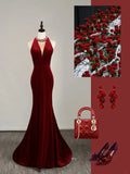 Simple Mermaid Jewel Burgundy Velvet With Beadings Long Prom Dresses Formal Gowns HZ0311