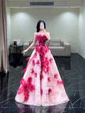 Modest Ball Gown Strapless Pink Flowers Tulle Long Prom Dresses Party Dress 21st Birthday Outfits Graduation Gown HZ0311