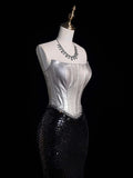 Retro Classy Mermaid Strapless Silver Gray Satin Black Sequined 1950s Long Prom Dresses Formal Gowns HZ0311