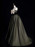 Retro Classy Ball Gown Strapless Olive Green Satin Long 1950s Prom Dresses Formal Gowns HZ0311