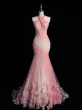 Retro Mermaid Halter Pink Tulle With Sleeves Party Dresses Prom Dresses Impress Senior Formal Dance Dress HZ0311