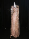 Chic A Line V Neck Blush Pink Sequin With Long Sleeves Cape Party Dresses Prom Dresses Impress Senior Formal Dance Dress HZ0311