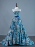 Sexy Ball Gown Strapless Sleeveless Blue Floral Satin Long Prom Dresses Evening Outfits Formal Dress HZ0311