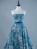 Sexy Ball Gown Strapless Sleeveless Blue Floral Satin Long Prom Dresses Evening Outfits Formal Dress HZ0311