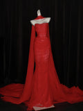Stunning Mermaid Sweetheart Red Tulle With Scarf Long Prom Dresses Inspiration Evening Dress Princess Graduation Gown HZ0311